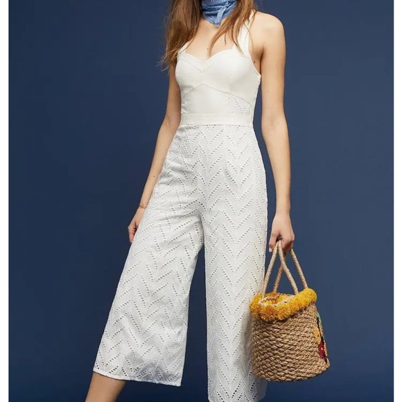 Anthropologie Ett:twa Womens Alice Eyelet Jumpsuit Embroidered White Size 6 - Picture 3 of 14